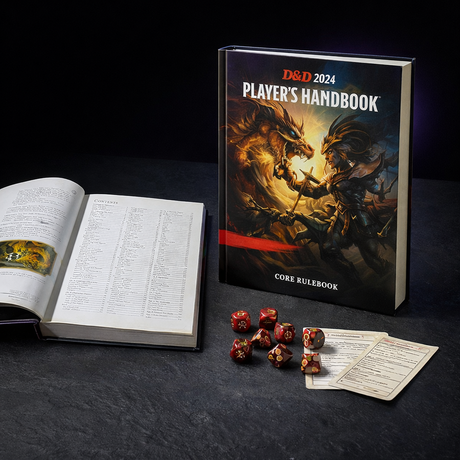D&D 2024 Player's Handbook Core Rulebook on black slate tabletop Dice Armory studio background