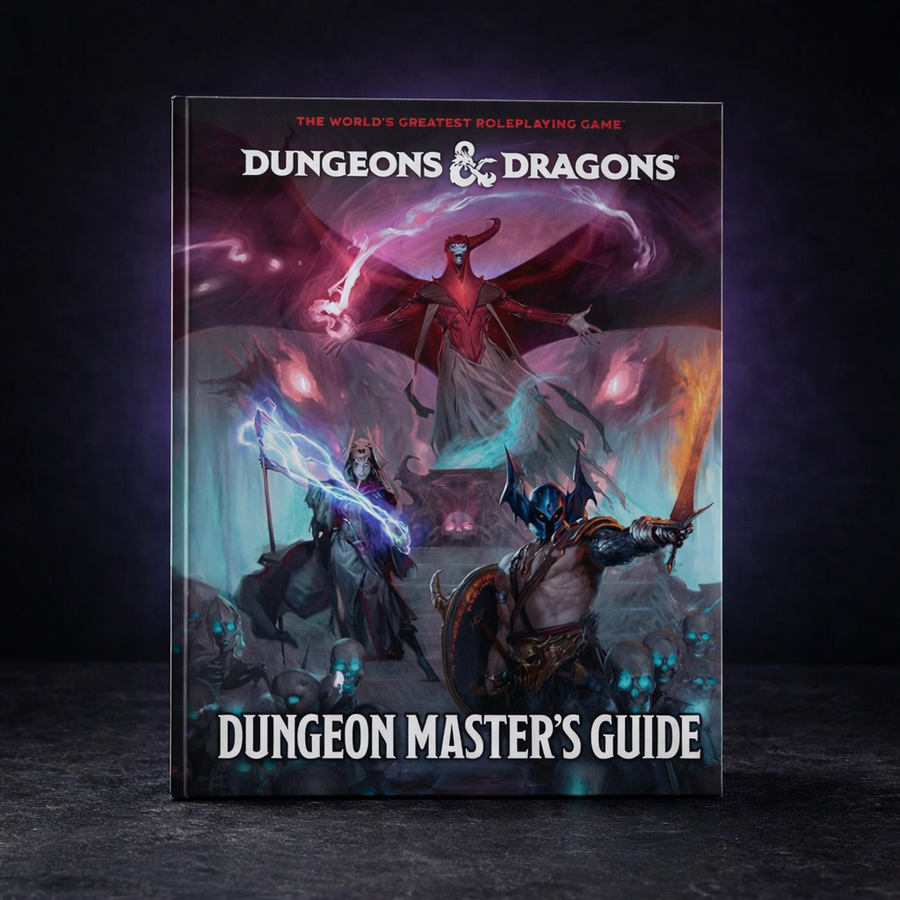 D&D 2024 Dungeon Master's Guide Rulebook on black slate tabletop Dice Armory studio background