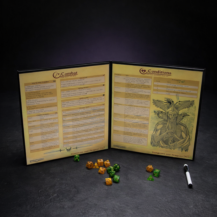 Customizable 4-Panel DM Screen with Dry Erase Inserts on black slate tabletop Dice Armory studio background