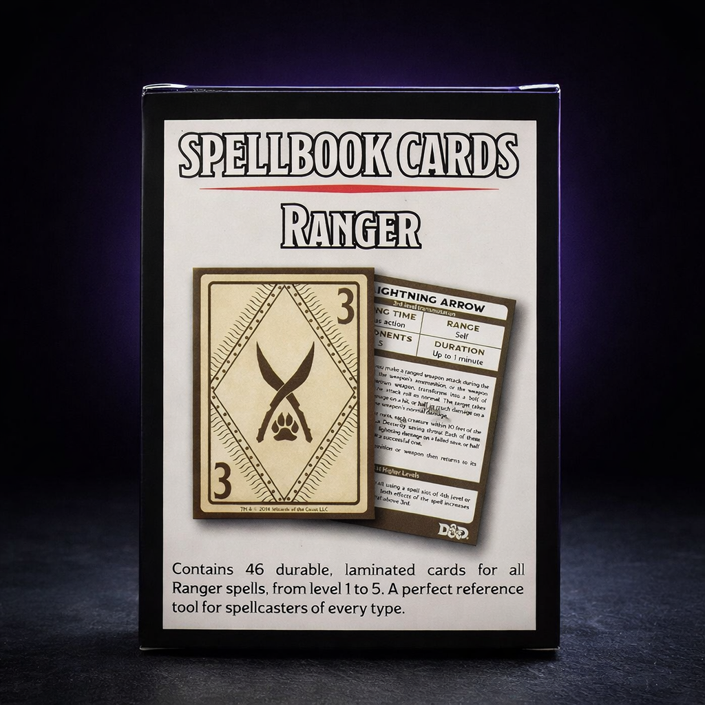 D&D Ranger Spell Cards Deck for 5e Players on black slate tabletop Dice Armory studio background