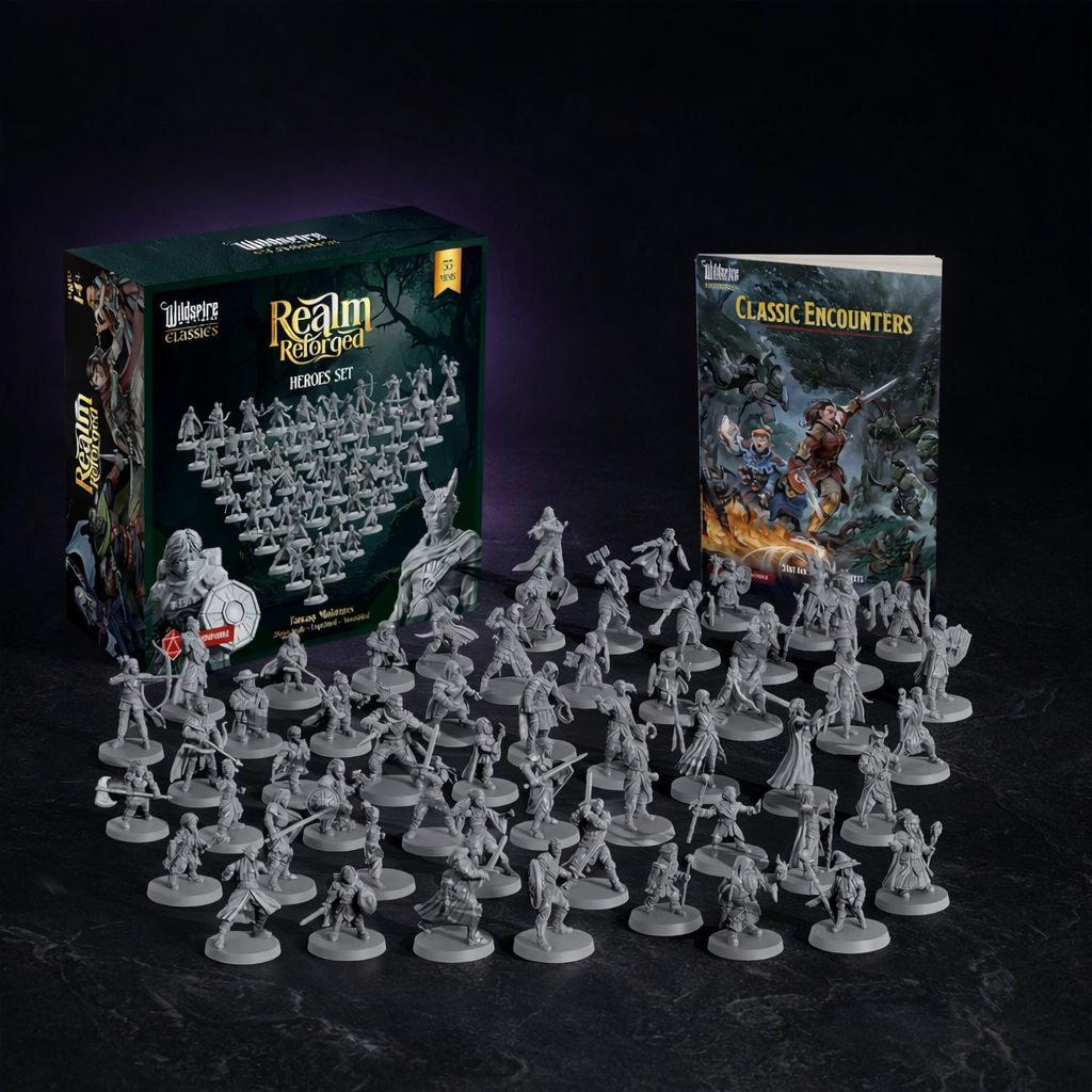 55 Unpainted Hero Player Character Miniatures for DnD on black slate tabletop Dice Armory studio background