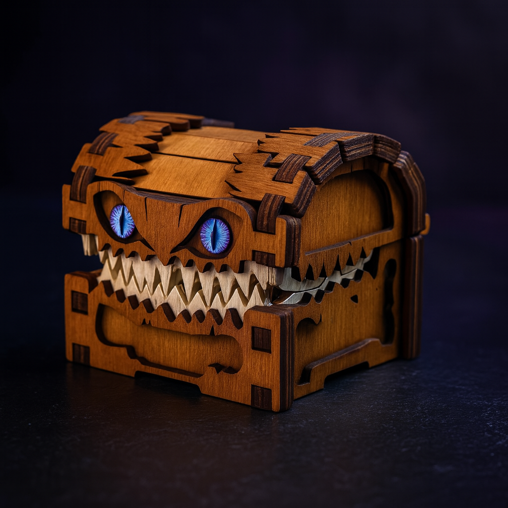 Starfang Wooden Mimic Dice Box, Teeth & Blue Eyes Desk Decor