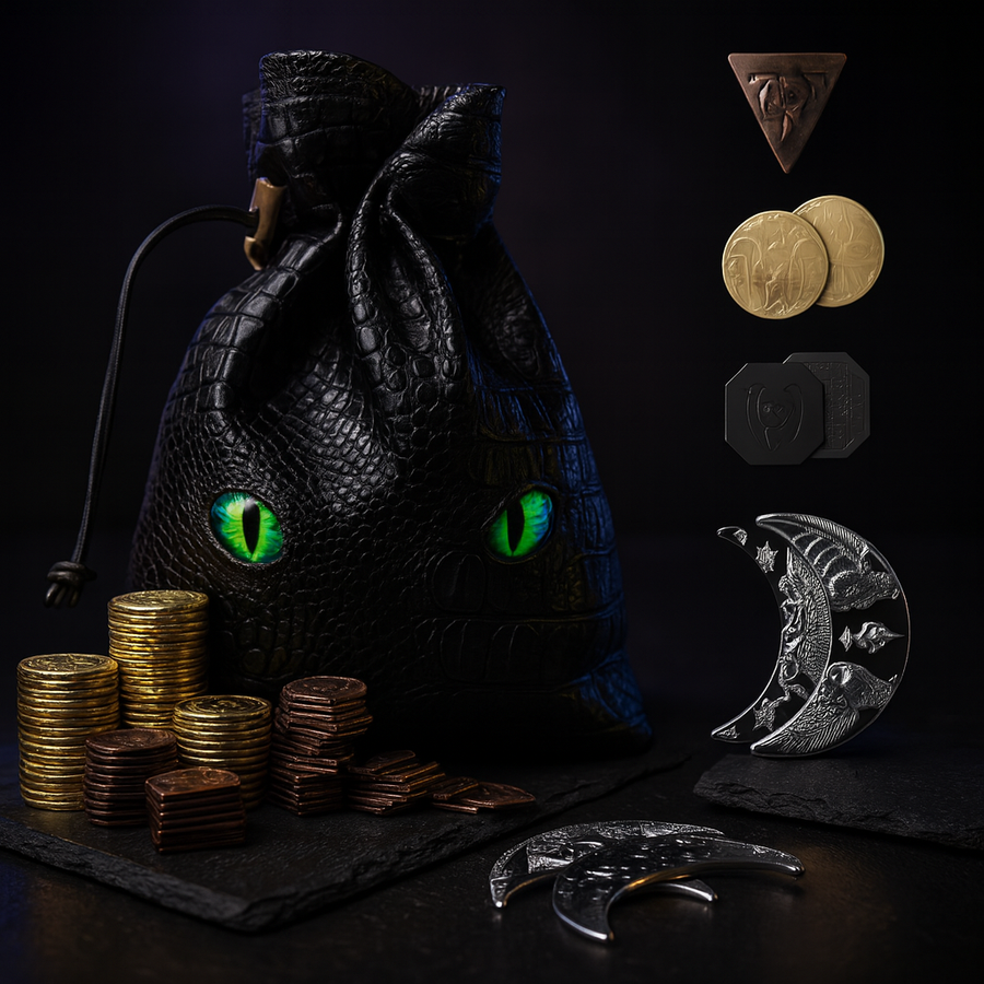 DnD Coins Set: 145 Metal Fantasy Coins, Gold Silver Copper + Pouch
