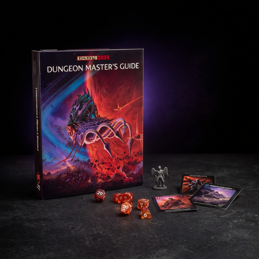 D&D 2024 Dungeon Master's Guide Rulebook on black slate tabletop Dice Armory studio background