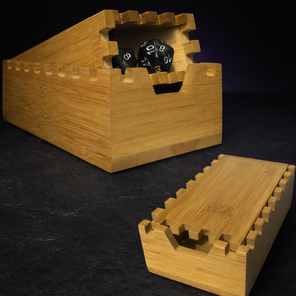 Bamboo Foldable Wooden Dice Tower for DnD and Tabletop RPG on black slate tabletop Dice Armory studio background