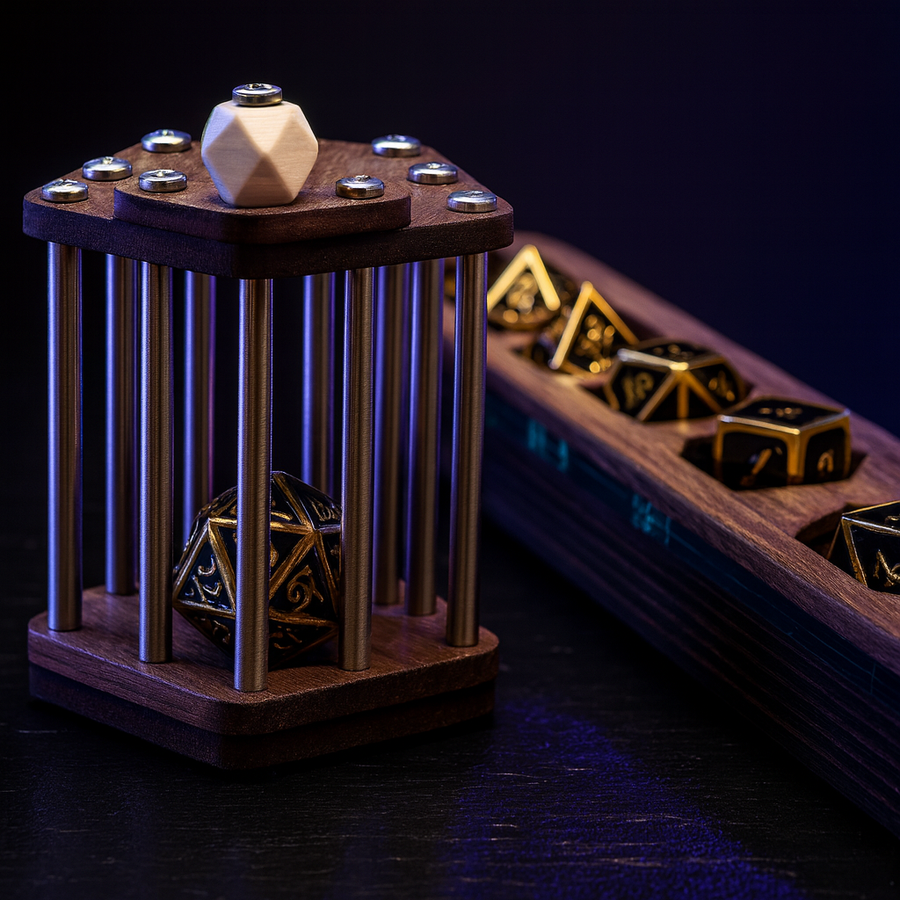 DnD Dice Jail, Walnut Cage with Metal Bars for Dice