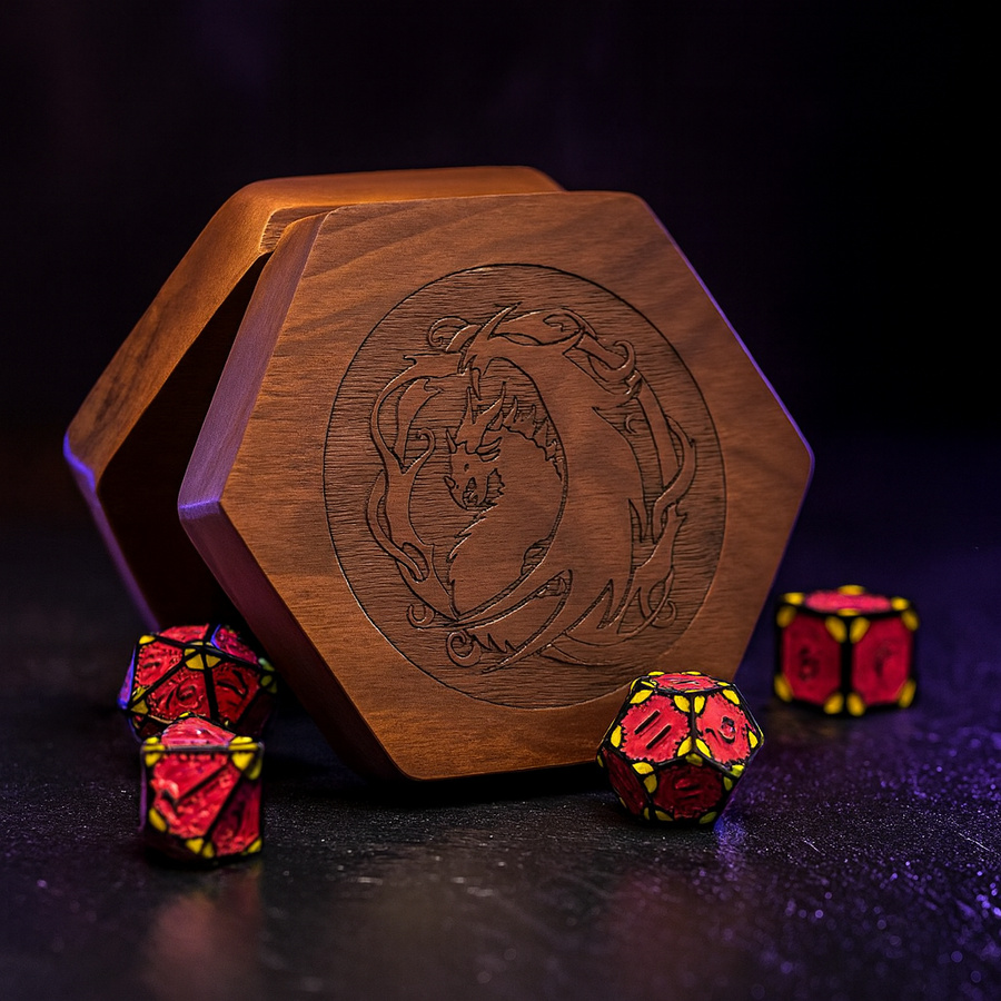 Hexagon Walnut Dice Box with Magnetic Lid for 7 D&D Dice