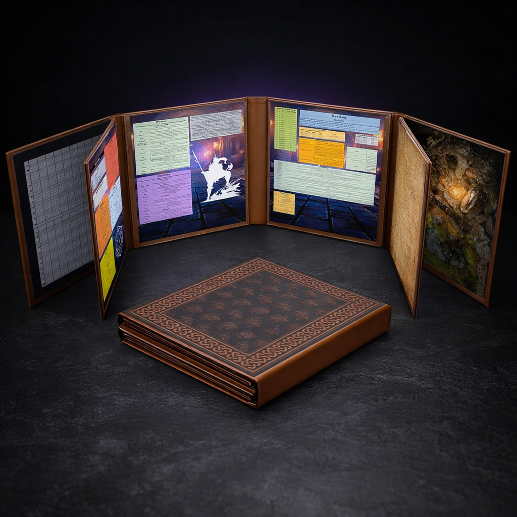 Deluxe 8-Panel Leather Dungeon Master Screen Wet Erase on black slate tabletop Dice Armory studio background
