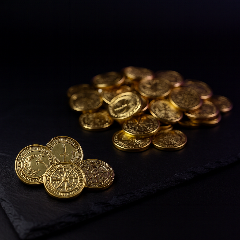 DnD Coins: 50 Antique Gold Dragon Tokens, Fantasy Coins + Pouch