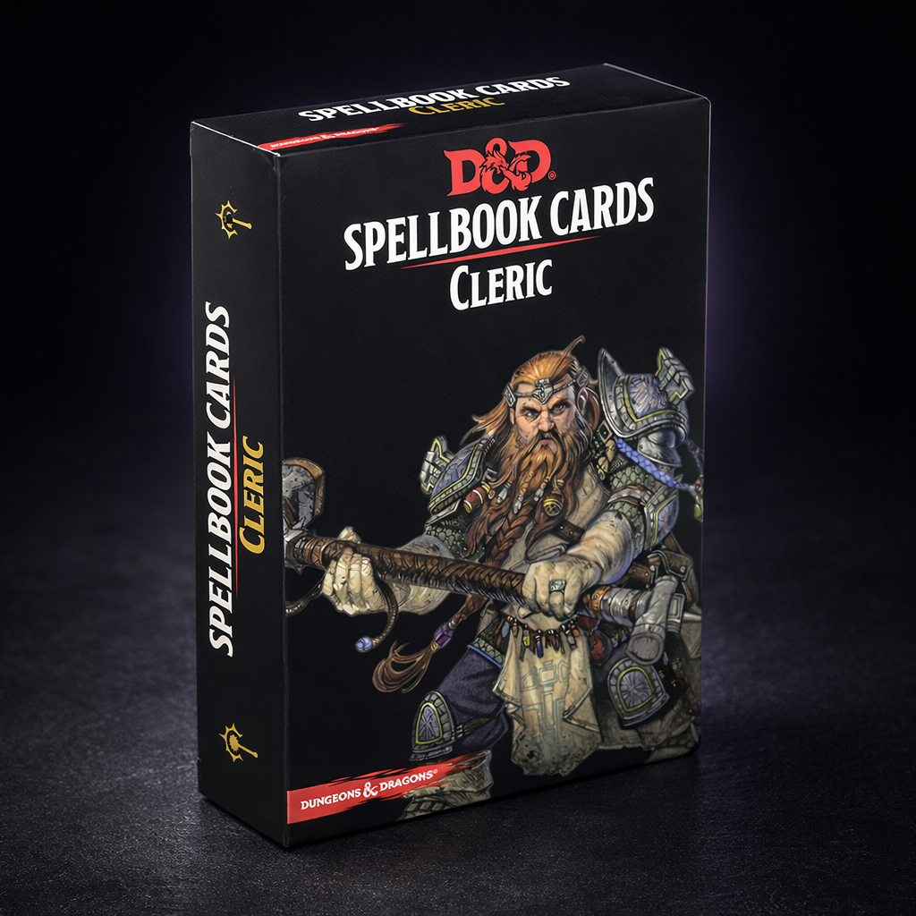 D&D Cleric Spell Cards Deck for Divine Casters 5e on black slate tabletop Dice Armory studio background