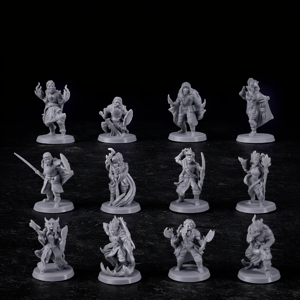 12 Diverse Adventurer Fantasy Miniatures Set 12 Classes DnD on black slate tabletop Dice Armory studio background