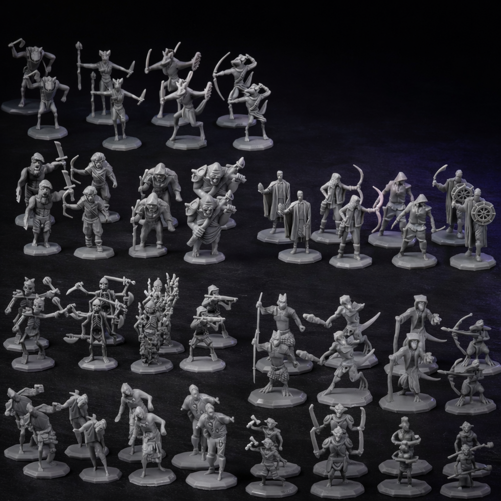 56 Unpainted Dungeon Monster Miniatures Goblins Orcs Skeletons on black slate tabletop Dice Armory studio background