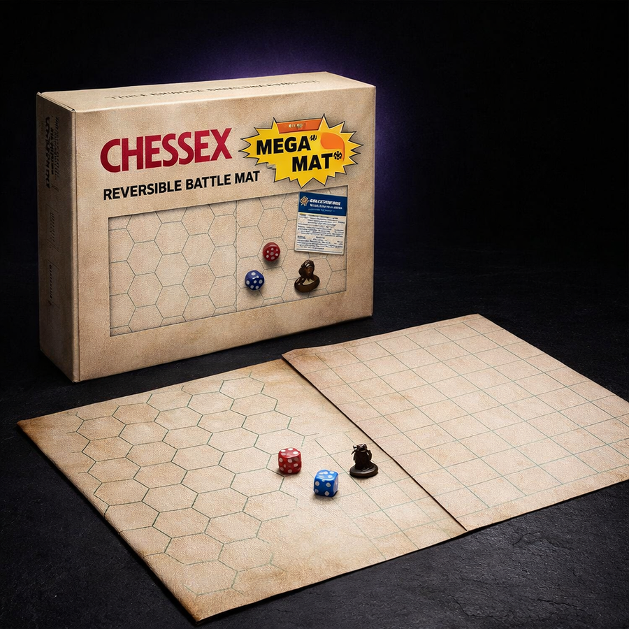 Chessex Megamat Reversible Battle Mat 34x48 Squares on black slate tabletop Dice Armory studio background