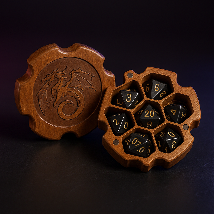 Sapele Wood Dice Box with Magnetic Closure for 7-Piece Set