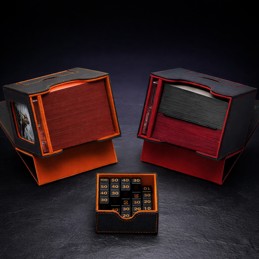 Commander Deck Box with Dice Tray and Card Brick on black slate tabletop Dice Armory studio background
