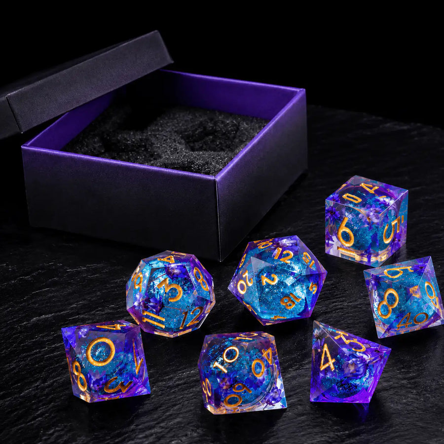 Purple Liquid Core Dice Set, DnD dice for tabletop RPGs