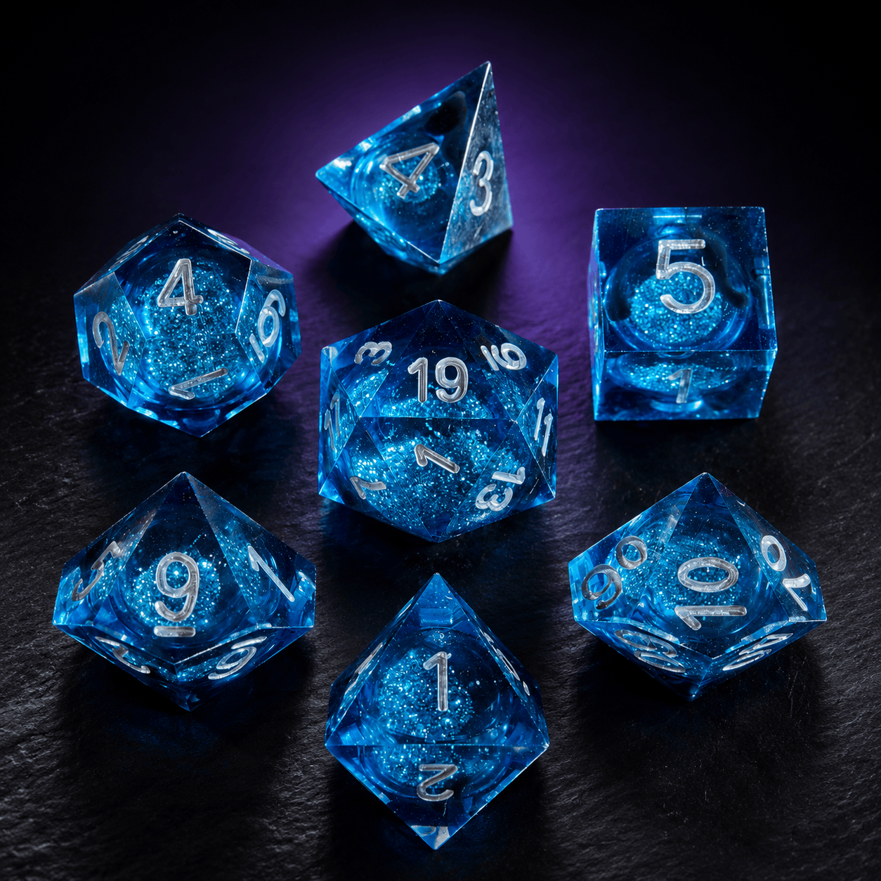 Blue Liquid Core Dice Set in A-liquidcore Blue Sand, DnD dice