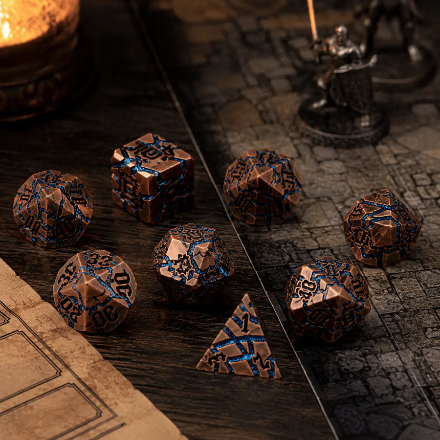 Copper & Blue Metal Dice Set, DnD dice for D&D players