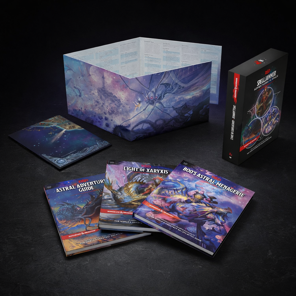 D&D Spelljammer Adventures in Space Collection on black slate tabletop Dice Armory studio background