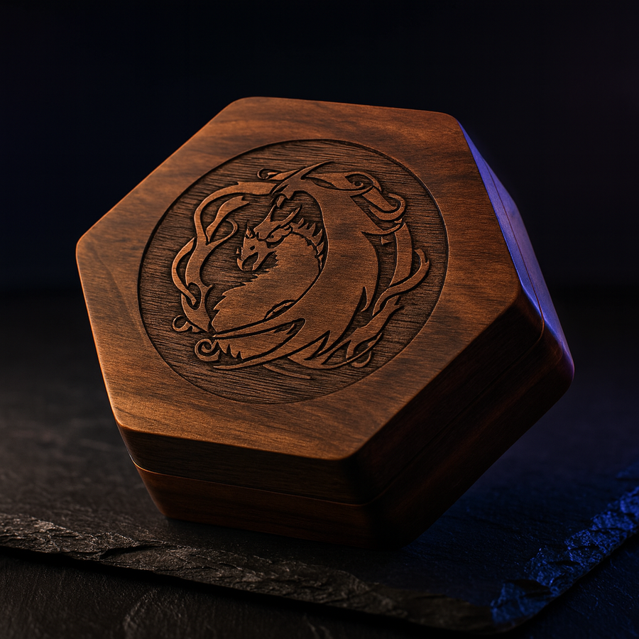 Hexagon Walnut Dice Box with Magnetic Lid for 7 D&D Dice