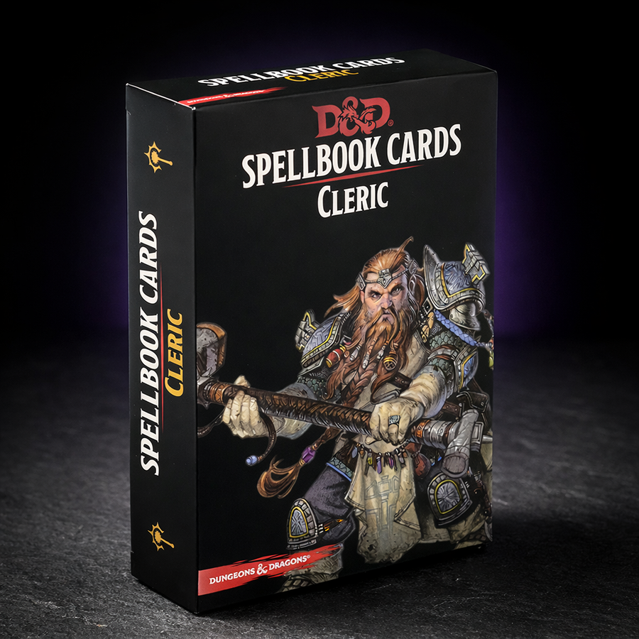 D&D Cleric Spell Cards Deck for Divine Casters 5e on black slate tabletop Dice Armory studio background