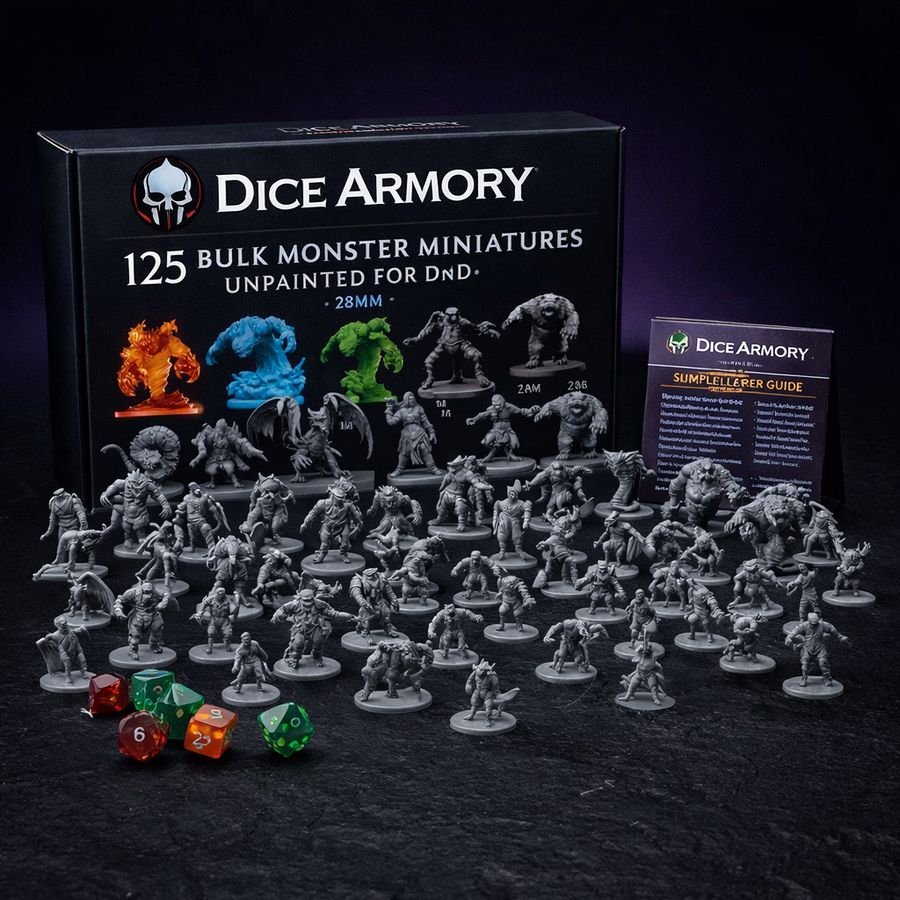 125 Bulk Monster Miniatures Unpainted for DnD 28mm on black slate tabletop Dice Armory studio background