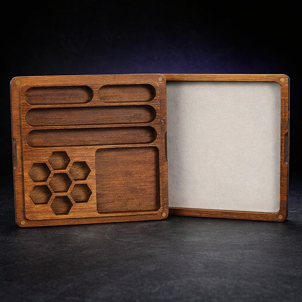 Dice Box with Rolling Tray for D&D Bamboo Holds 6 Sets on black slate tabletop Dice Armory studio background