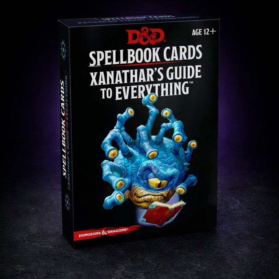 D&D Xanathar's Guide Spell Cards Reference Deck on black slate tabletop Dice Armory studio background