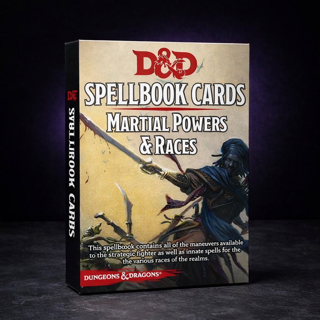 D&D Martial Powers and Races Spell Cards Deck on black slate tabletop Dice Armory studio background