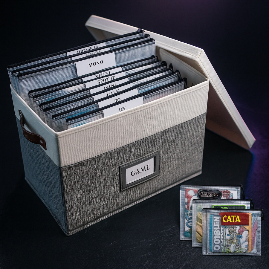 Board Game Organizer with 12 Zipper Bags and Labels