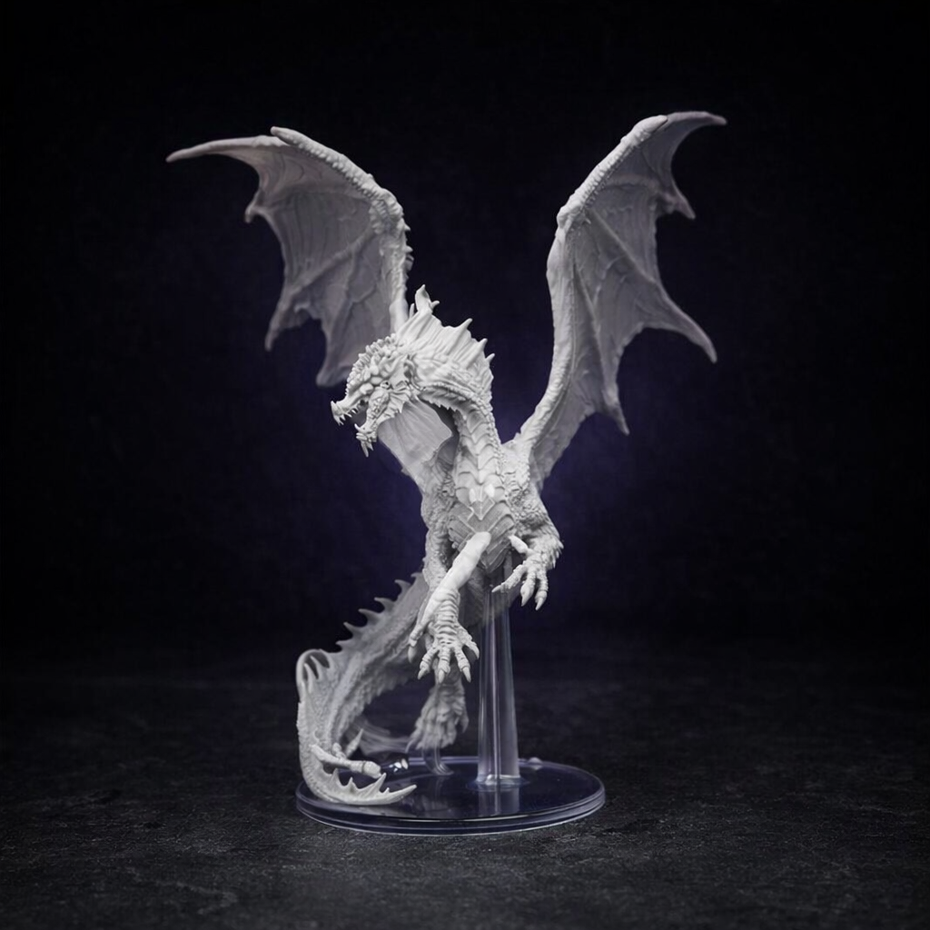 Adult Red Dragon Large Miniature Unpainted for DnD on black slate tabletop Dice Armory studio background