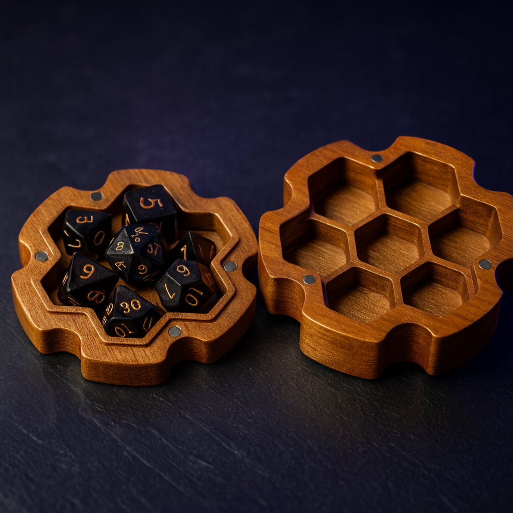 Sapele Wood Dice Box with Magnetic Closure for 7-Piece Set