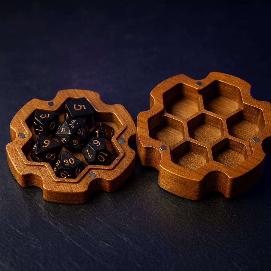 Sapele Wood Dice Box with Magnetic Closure for 7-Piece Set