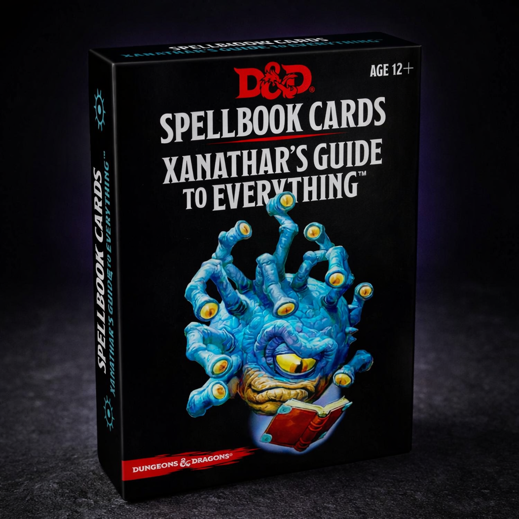D&D Xanathar's Guide Spell Cards Reference Deck on black slate tabletop Dice Armory studio background