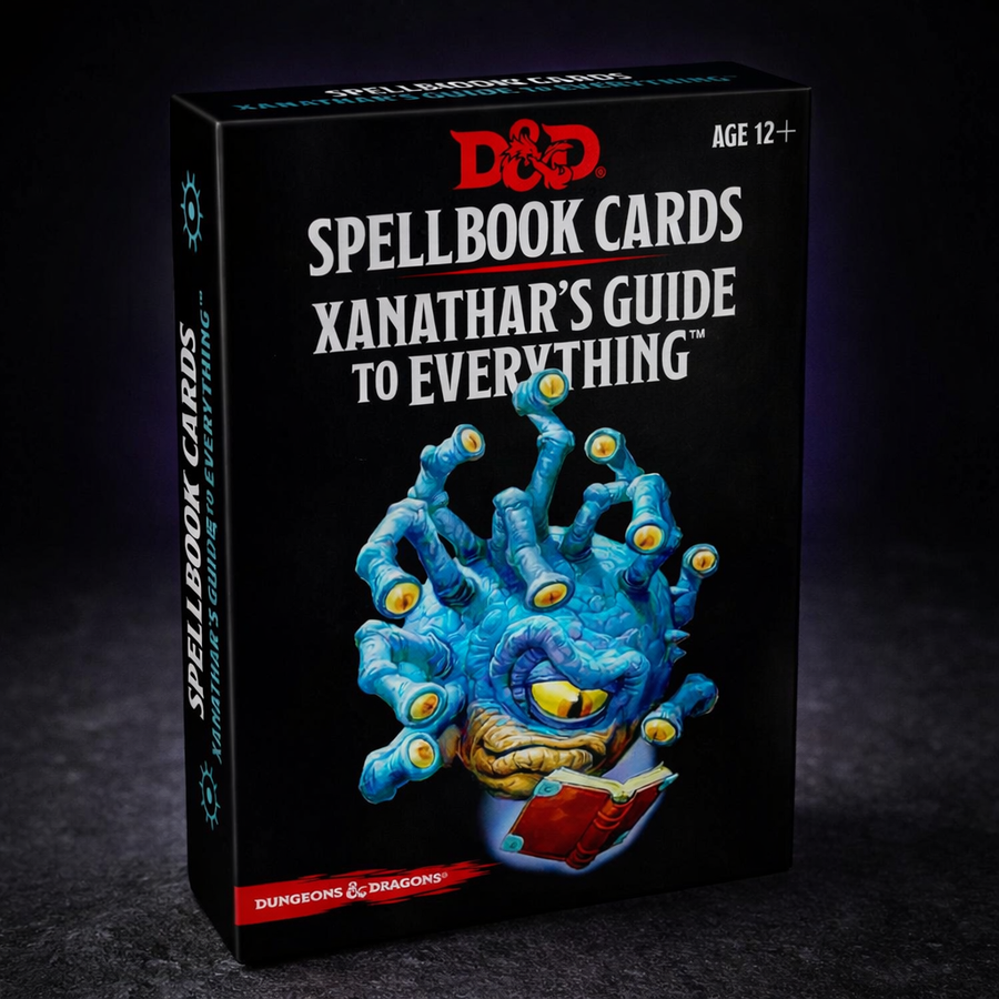 D&D Xanathar's Guide Spell Cards Reference Deck on black slate tabletop Dice Armory studio background