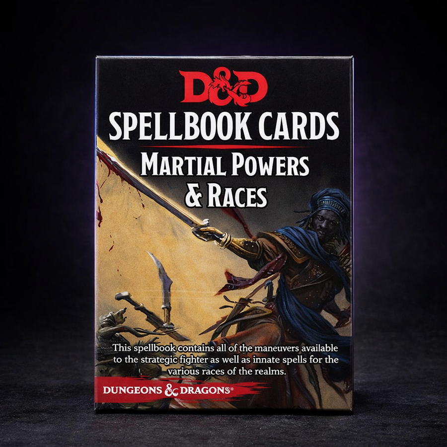 D&D Martial Powers and Races Spell Cards Deck on black slate tabletop Dice Armory studio background