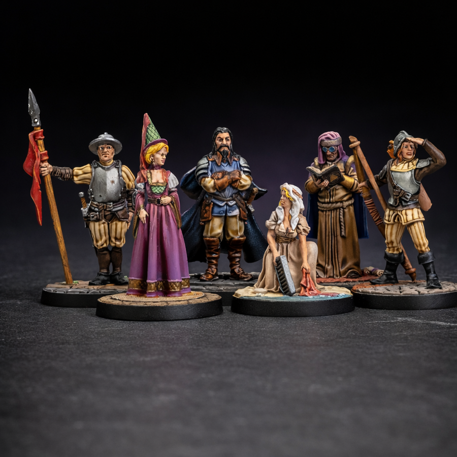 62 Townsfolk NPC Miniatures Pack for DnD 28mm on black slate tabletop Dice Armory studio background