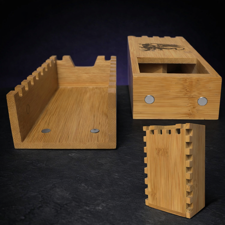 Bamboo Foldable Wooden Dice Tower for DnD and Tabletop RPG on black slate tabletop Dice Armory studio background