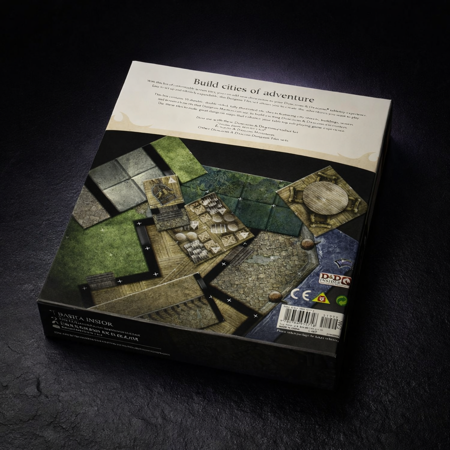 D&D Dungeon Tiles Master Set City Battle Map Terrain on black slate tabletop Dice Armory studio background