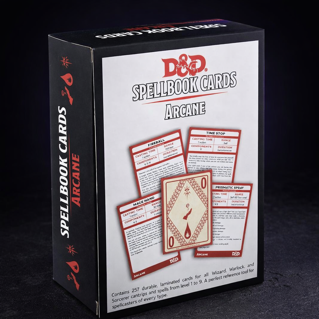 D&D Arcane Spellbook Cards Deck for Wizards and Sorcerers on black slate tabletop Dice Armory studio background