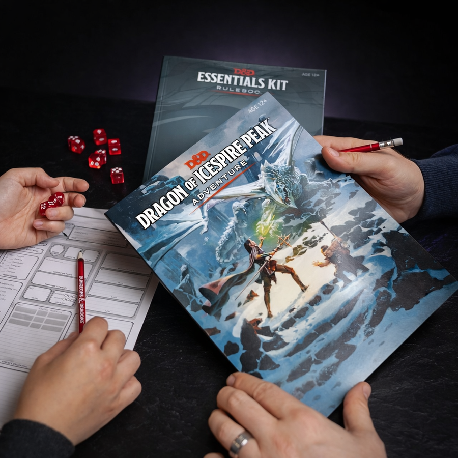 D&D Essentials Kit Intro Adventure Set on black slate tabletop Dice Armory studio background