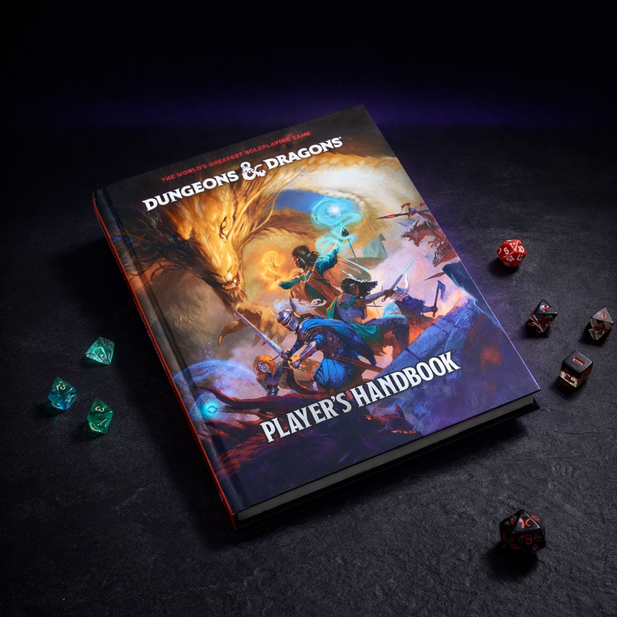 D&D 2024 Player's Handbook Core Rulebook on black slate tabletop Dice Armory studio background