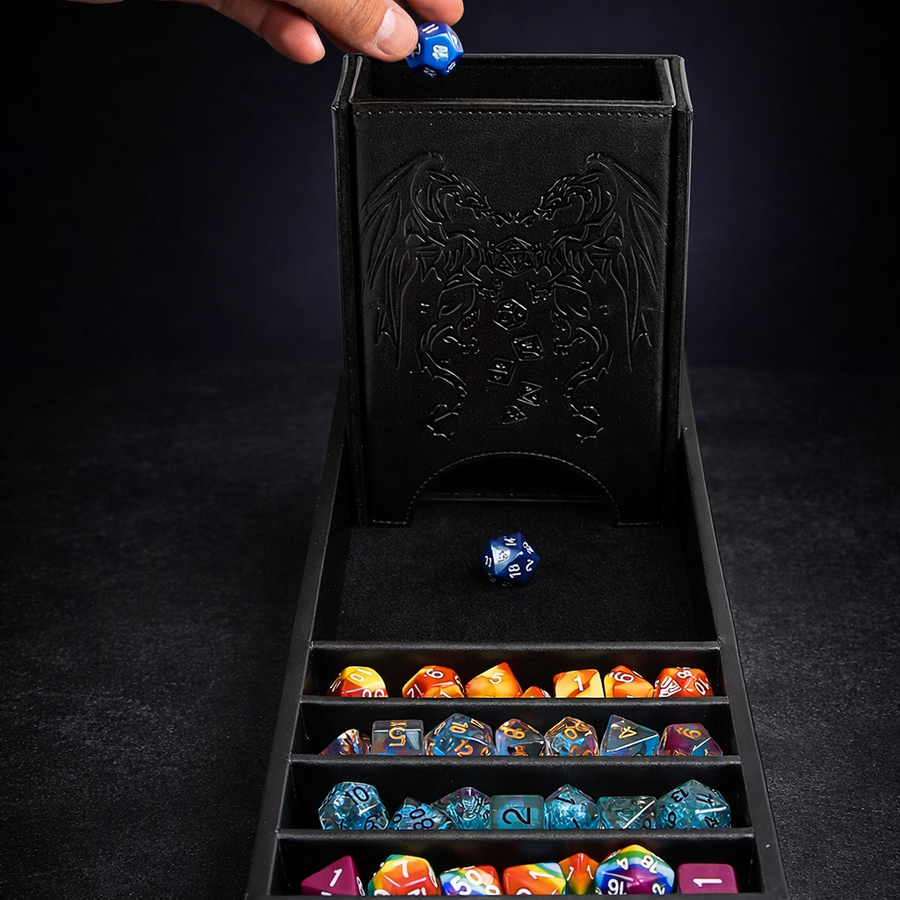 3 in 1 Dice Tower and Tray Combo for DnD and Tabletop on black slate tabletop Dice Armory studio background