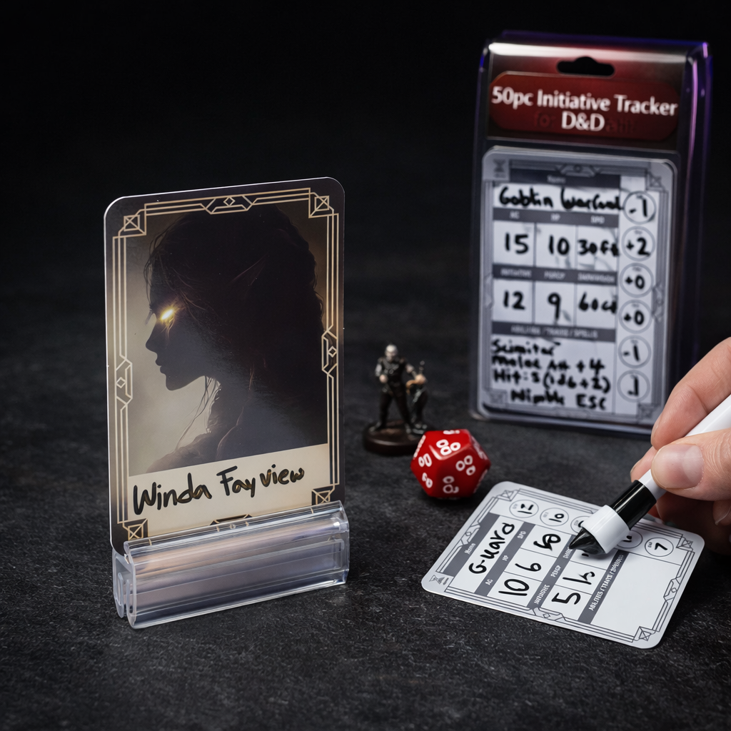 50pc Initiative Tracker for D&D DM Screen Encounters on black slate tabletop Dice Armory studio background