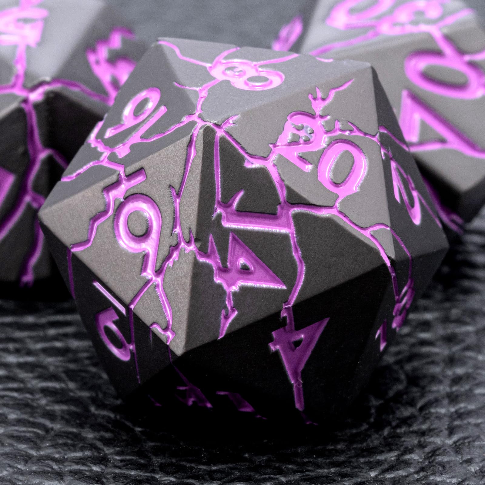 Cracked Metal Dice Set with Case in Matt Black Purple, DnD dice storage