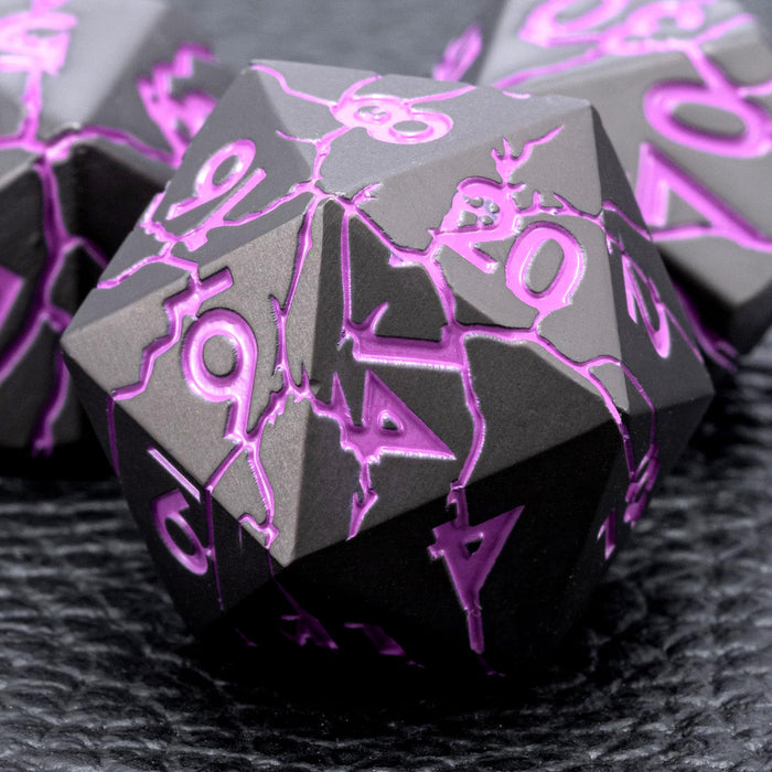 Cracked Metal Dice Set with Case in Matt Black Purple, DnD dice storage
