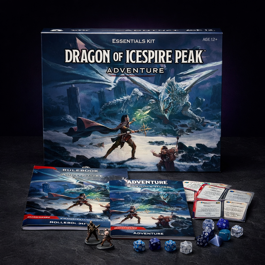 D&D Essentials Kit Intro Adventure Set on black slate tabletop Dice Armory studio background