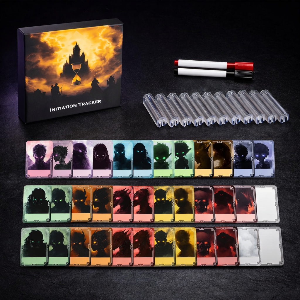 50pc Initiative Tracker for D&D DM Screen Encounters on black slate tabletop Dice Armory studio background