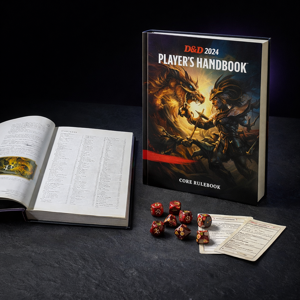 D&D 2024 Player's Handbook Core Rulebook on black slate tabletop Dice Armory studio background