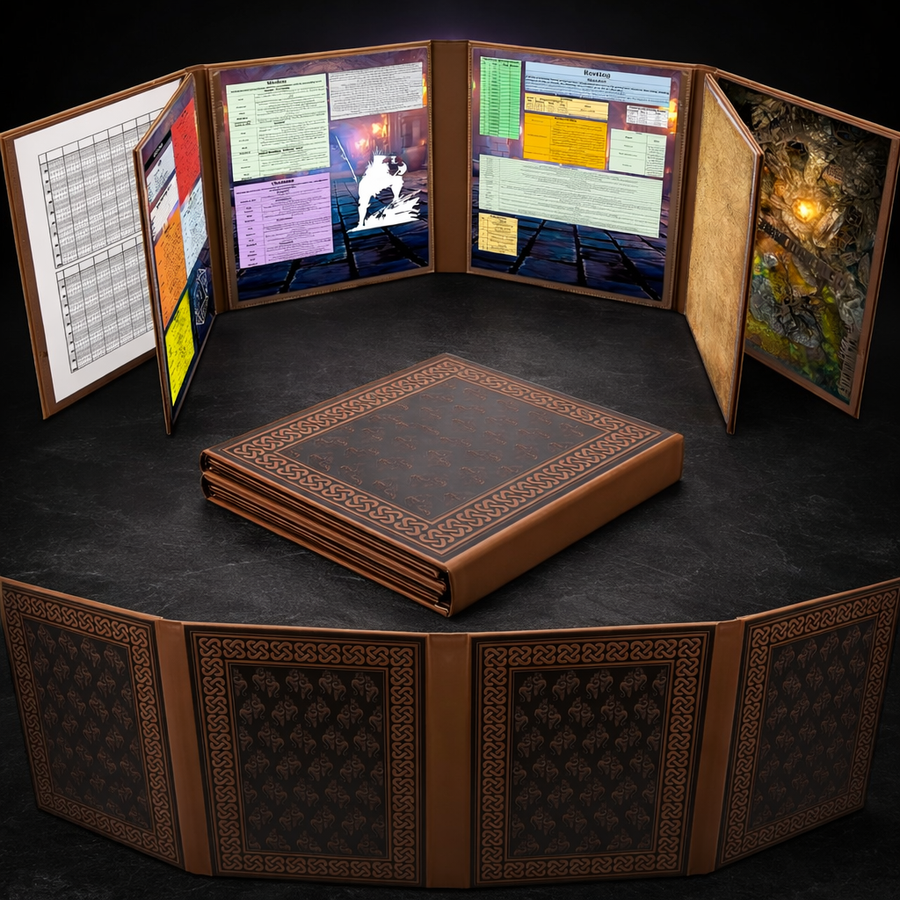Deluxe 8-Panel Leather Dungeon Master Screen Wet Erase on black slate tabletop Dice Armory studio background